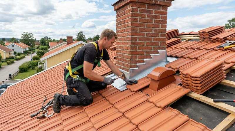 Roofer fitting new tiles on a Brisbane roof